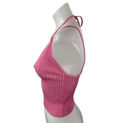 Geel Women's Pink Ribbed Knit Strappy Halter V Neck Cami Tank Crop Top Size M