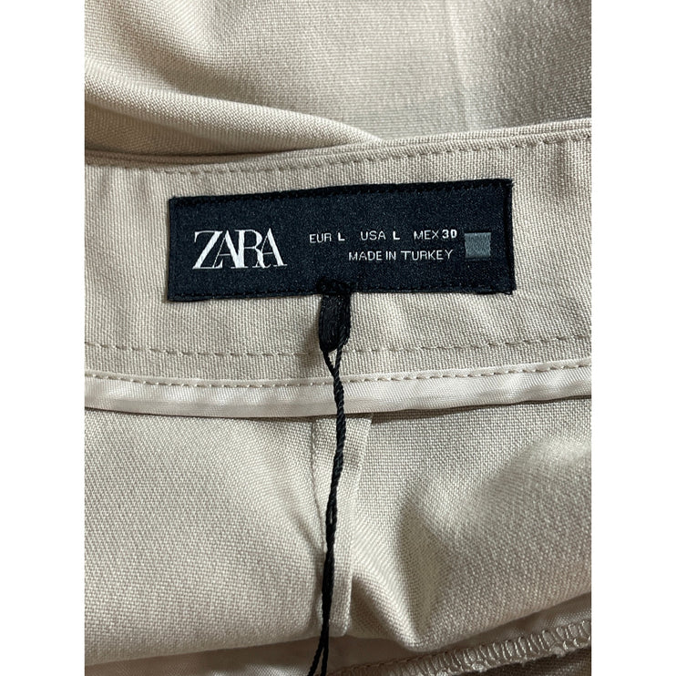 Zara Women's Beige High Rise Pleated Wide Leg Chino Khaki Casual Mini Shorts L