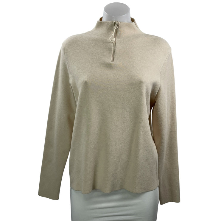 MNG Mango Women's Beige Knit Mock Neck 1/4 Zip Long Sleeve Sweater Top Size XL