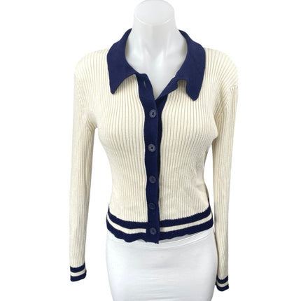 Anthropologie Cream Rib Knit Collar Button Down Long Sleeve Polo Sweater Top XS