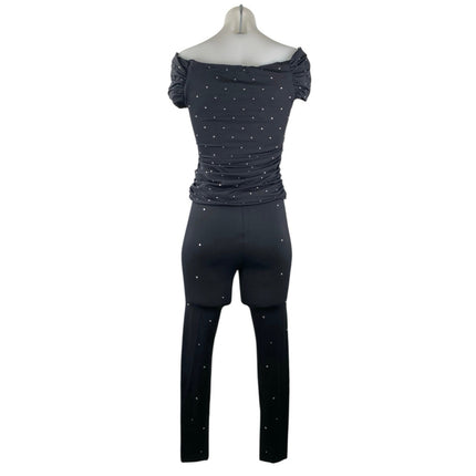 Zara Women's Black Rhinestone Off The Shoulder Top Crop Pants 2 Piece Set Size M