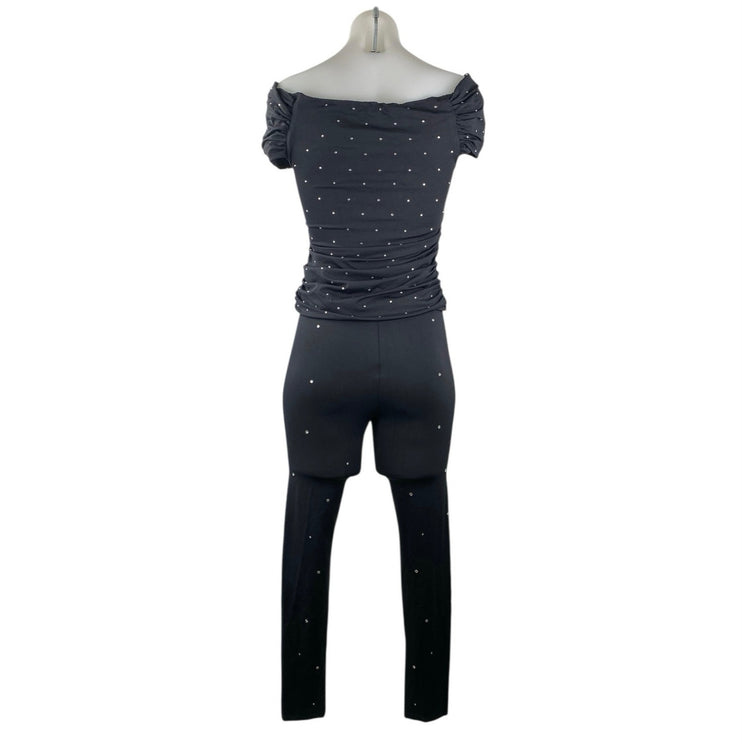 Zara Women's Black Rhinestone Off The Shoulder Top Crop Pants 2 Piece Set Size M