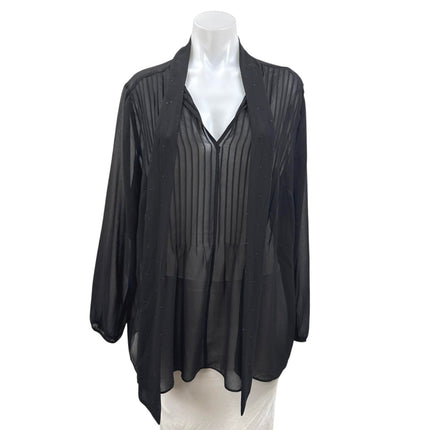 1.State Women's Black Chiffon Pleated Long Sleeve Sheer Tunic Blouse Top Size XL