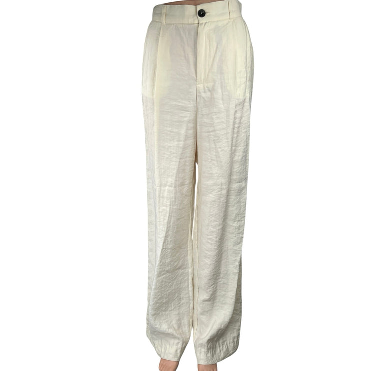 Zara Women's Cream White Straight Wide Leg High Waist Pleated Trousers Pants XS