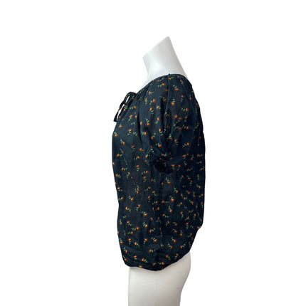 Urban Outfitters Women Black Floral Short Puff Sleeve Keyhole Blouse Top Size XS