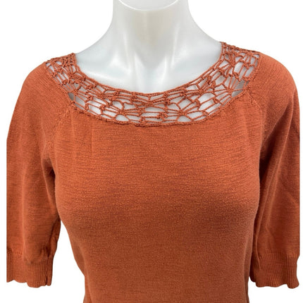 Rubbish Orange Knit Crochet Lace Half Sleeve Crew Neck Blouse Sweater Top Size M