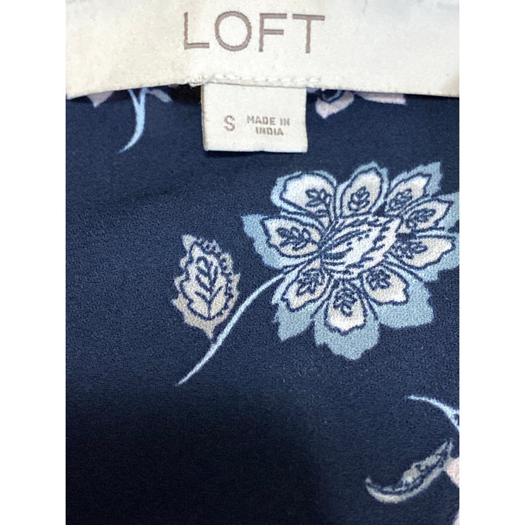Ann Taylor LOFT Navy Blue Floral Short Flutter Sleeve Tie Wrap Peplum Blouse S