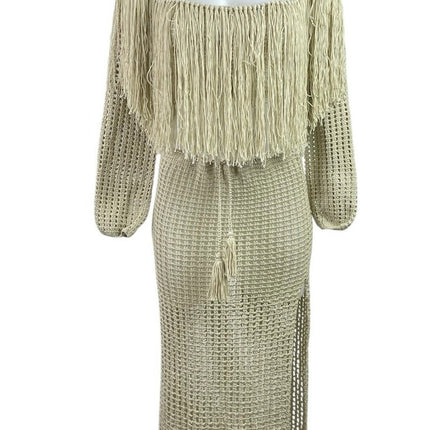 Beige Off The Shoulder Crochet Long Sleeve Boho Knit Fringe Maxi Dress Size S