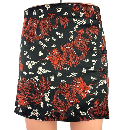 ZARA Women's Multi Chinese Dragon Print Silky Satin Slip Straight Mini Skirt XS