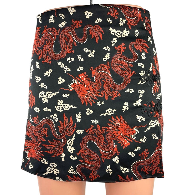 ZARA Women's Multi Chinese Dragon Print Silky Satin Slip Straight Mini Skirt XS