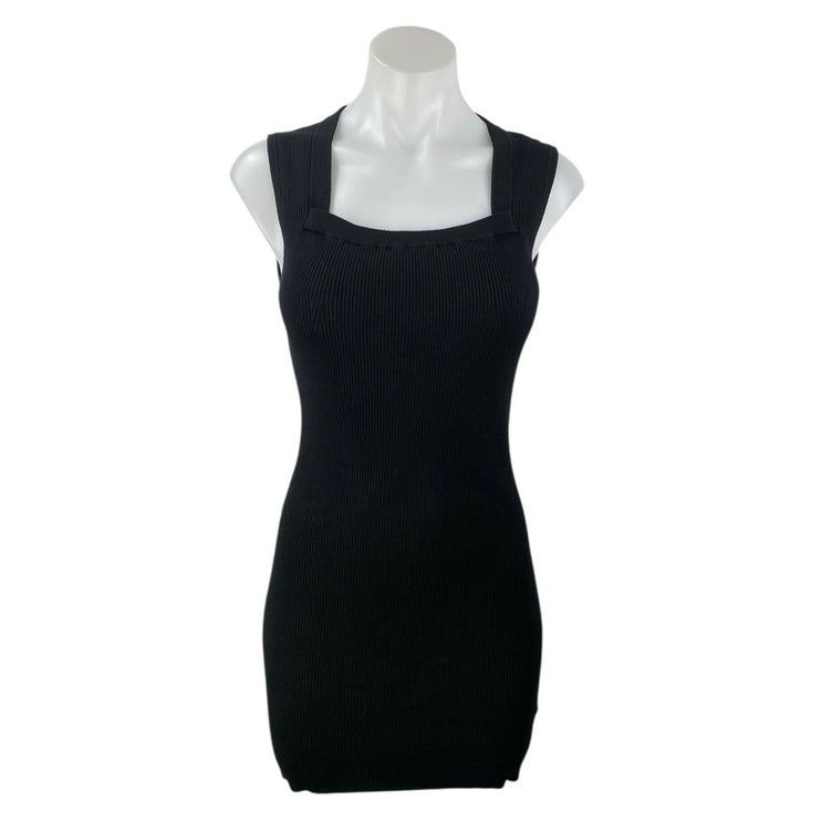 AllSaints Women's Black Rib Knit Sleeveless Square Neck Mini Bodycon Dress Sz L