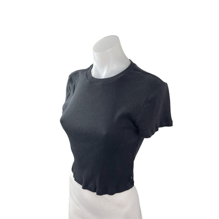 Aritzia TNA Women's Black Ribbed Knit Crew Sculpt Cropped T Shirt Tee Top Size L