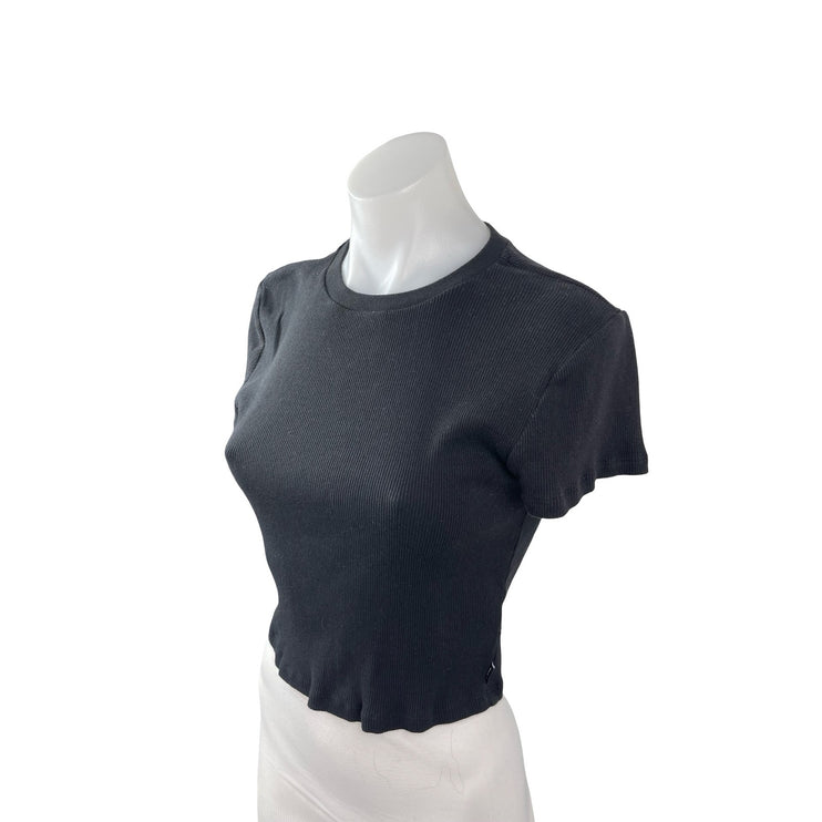Aritzia TNA Women's Black Ribbed Knit Crew Sculpt Cropped T Shirt Tee Top Size L