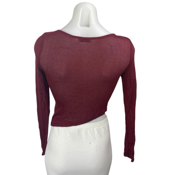 Princess Polly Pratt Red Long Sleeve Knit Sheer Asymmetric Hem Crop Top Size 0
