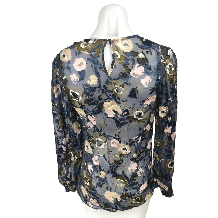 Reiss Navy Blue Silk Jennifer Floral Burnout Sheer Long Sleeve Blouse Top Size 2