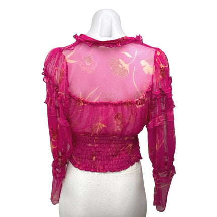 Free People Time To Shine Pink Floral Mesh Long Balloon Sleeve Crop Blouse XS