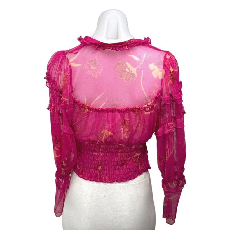 Free People Time To Shine Pink Floral Mesh Long Balloon Sleeve Crop Blouse XS