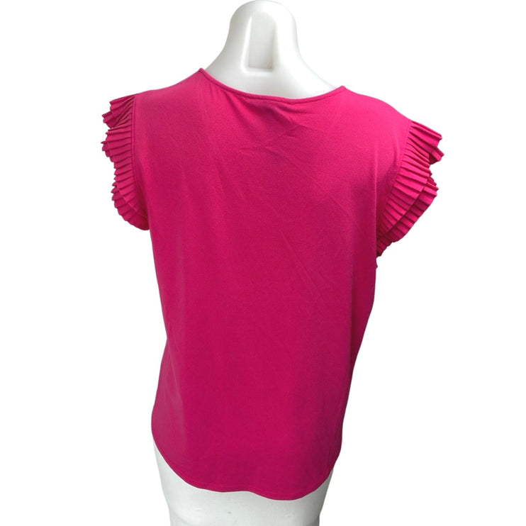 Adrianna Papell Women's Pink Ruffle Sleeve V Neck Knit Pullover Blouse Top Sz L
