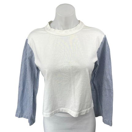 Club Monaco Women's White Blue Striped Long Sleeve Crew Neck Shirt Crop Top Sz S