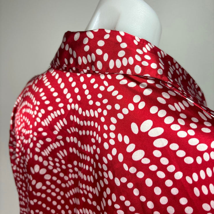 Vertigo Red Satin Polka Dot Button Down Collar Long Sleeve Shirt Dress Size M