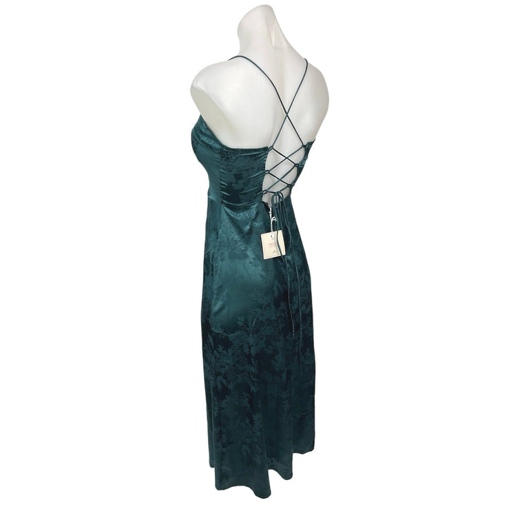 NEW Rihoas Green Silk Satin Slip Jacquard Crisscross Strappy A Line Midi Dress S