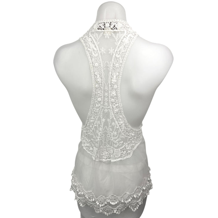 Vintage Havana White Lace Embroidered Crochet Racerback Sheer Coverup Tank Top L