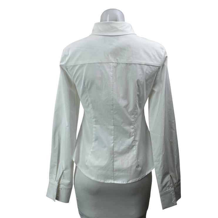 All The Ways Women's White Ruched Long Sleeve Collared Button Down Shirt Top S