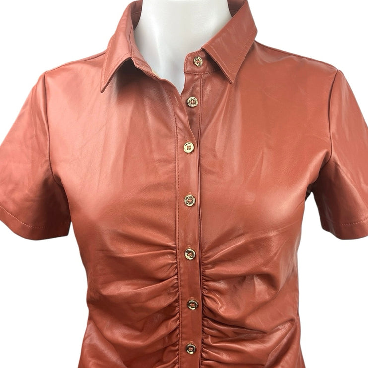 NEW Olivaceous Orange Brown Faux Vegan Leather Suede Shirt Mini Dress Size M