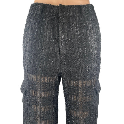 Religion Black Metallic Tweed Knit Straight High Waist Cargo Trousers Pants Sz M