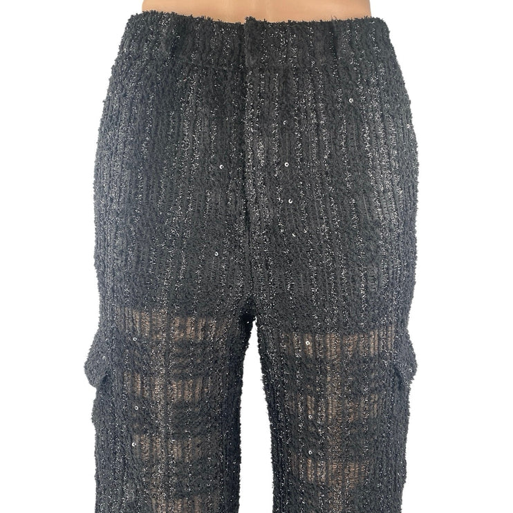 Religion Black Metallic Tweed Knit Straight High Waist Cargo Trousers Pants Sz M