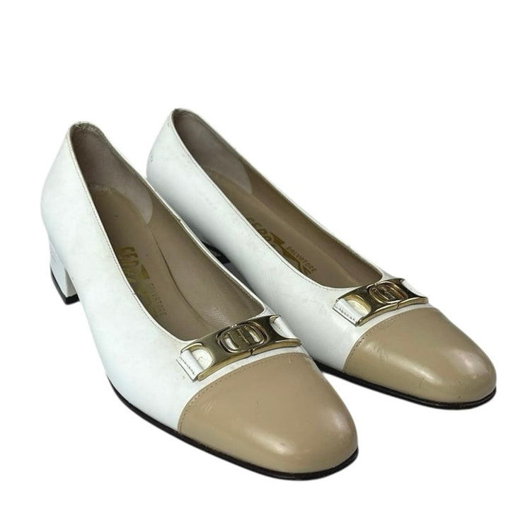 Salvatore Ferragamo White Color Block Leather Block Heels Slip On Pump Shoes 5.5