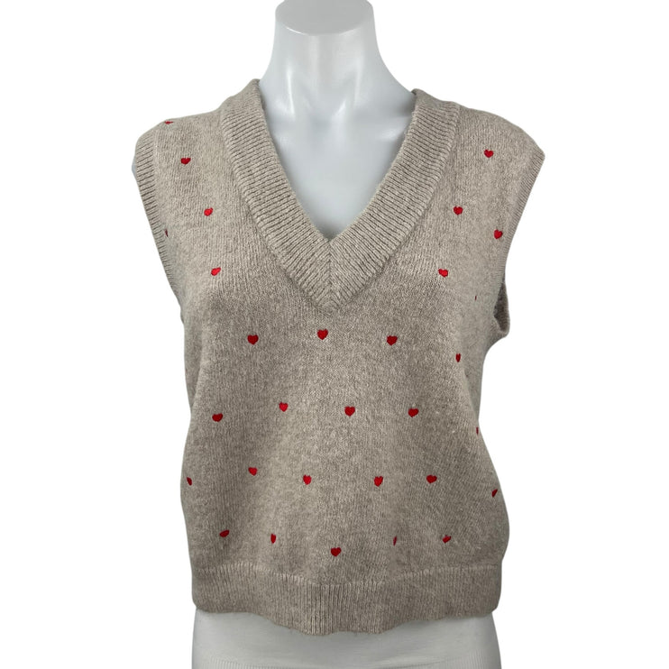 Envii Enredwood Beige Tan Heart Embroidered V-neck Wool Sweater Vest Tank Top S