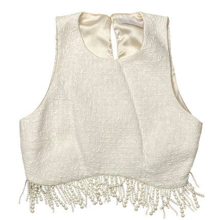 MNG Mango Under Pearls Women's Beaded Fringe Tweed Sleeveless Crop Tank Top Sz S