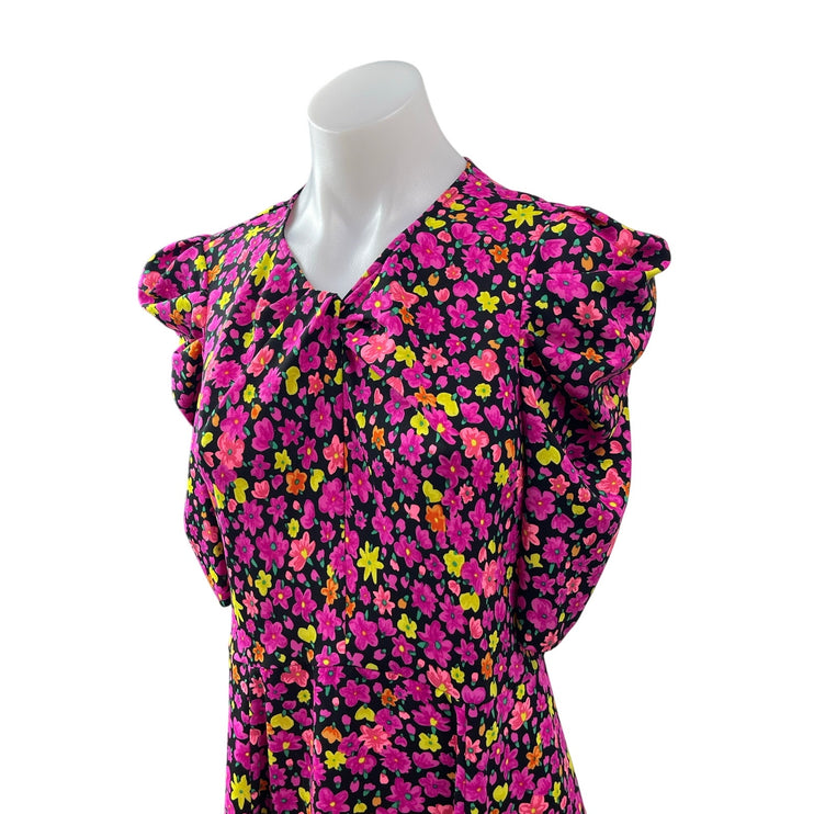 Kate Spade Multicolor Marker Floral V Neck Puff Sleeve Mini Flare A-Line Dress 6