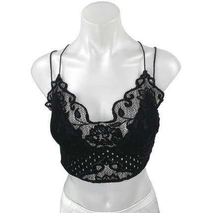 Free People Madonna Black Velvet Floral Lace Strappy Cami Bralette Top Size M
