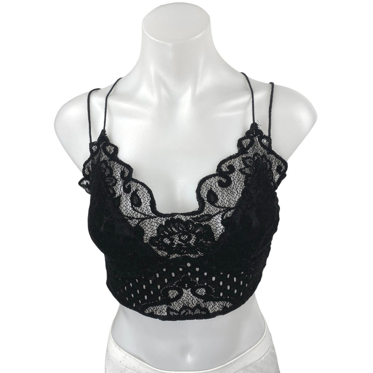 Free People Madonna Black Velvet Floral Lace Strappy Cami Bralette Top Size M
