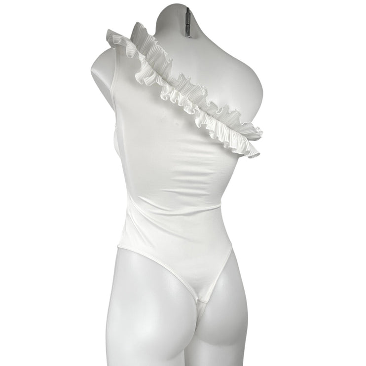 H&M Women's White One Shoulder Ruffle Stretch Sleeveless Bodysuit Top Size XS