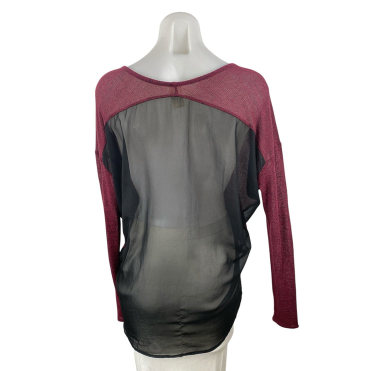 Francesca's Red Sheer Mesh Back V Neck Long Sleeve Tunic Blouse Sweater Top Sz L
