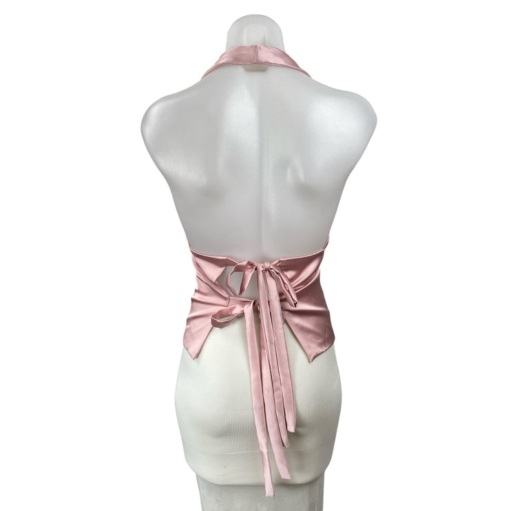 Zara Pink Silk Satin Halter Plunge V Neck Sleeveless Backless Blouse Top Size L