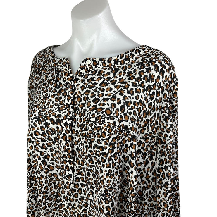 NYDJ Black Brown Leopard Print Henley Pleat Back 3/4 Sleeve Tunic Blouse Size 2X