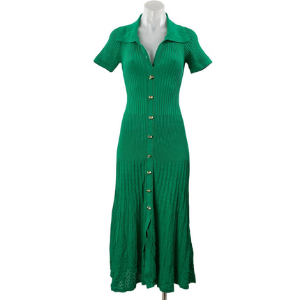 Sandro Lorel Green Ribbed Knit Short Sleeve Button Down A Line Midi Dress Size 8