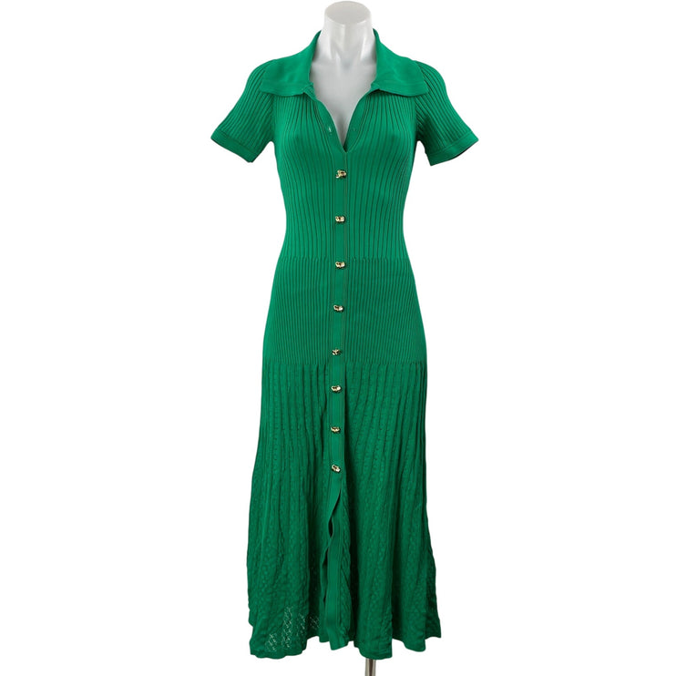 Sandro Lorel Green Ribbed Knit Short Sleeve Button Down A Line Midi Dress Size 8