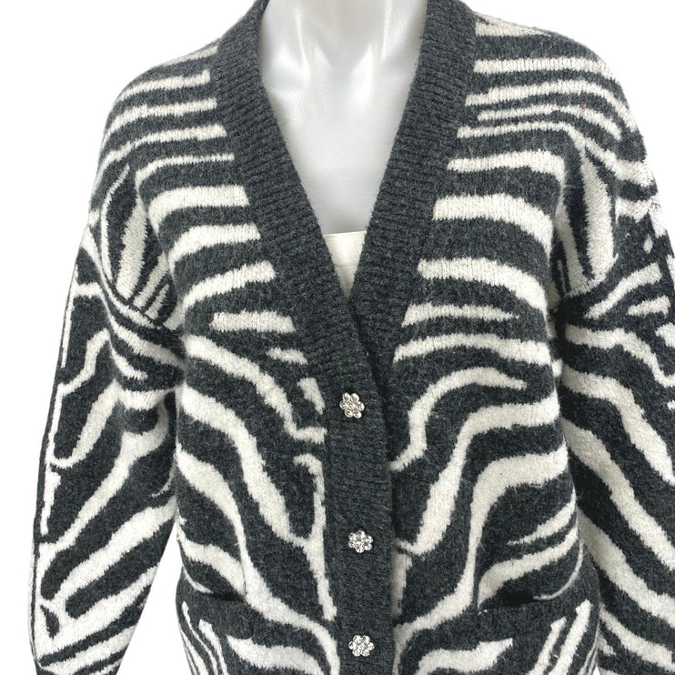 Zara Black White Wool Zebra Print Long Sleeve Button Up Cardigan Sweater Top S