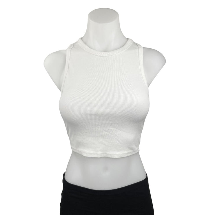 Zara White Ribbed Knit High Neck Fitted Stretch Chic Cropped Tank Top Size L