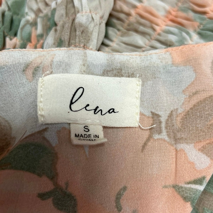 Lena Green Orange Coral Floral Long Sleeve Smocked Cropped Blouse Top Size S