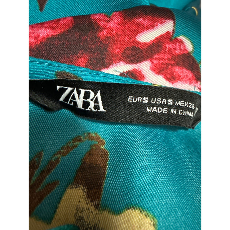 Zara Blue Silk Satin Floral Long Sleeve Deep V-Neck A Line Maxi Dress Size S