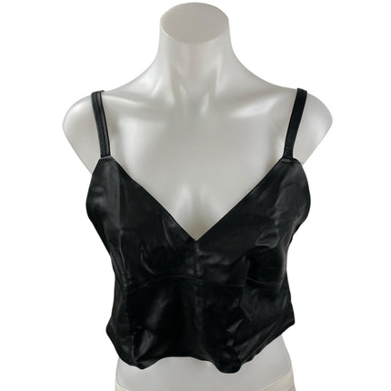 Zara Trafaluc Women's Black Faux Leather Vegan V Neck Cami Tank Crop Top Size L