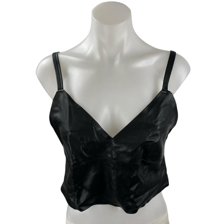 Zara Trafaluc Women's Black Faux Leather Vegan V Neck Cami Tank Crop Top Size L