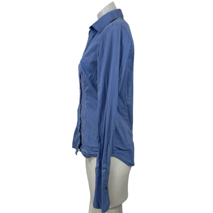 MODA International Women's Blue Slim Long Sleeve V Neck Button Down Shirt Top M