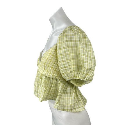 Blue Blush Women's Yellow Plaid Check Deep V Neck Puff Sleeve Crop Blouse Top M